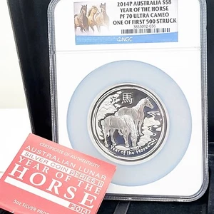 2014 P $8 AUD Australia Lunar Year Of The Horse 5 oz Silver NGC PF70 UC LE CERT - Picture 1 of 11