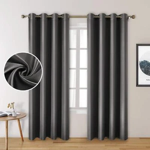 2 Panels Dark Grey Faux Silk Curtains Gray Blackout Curtains For Bedroom 52 X 84 - Picture 1 of 7