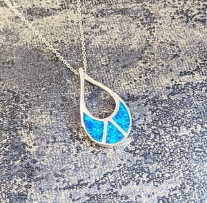 Lucky Blue Opal Art Deco Teardrop Sterling Silver Pendant Necklace Mothers Day - Picture 1 of 1