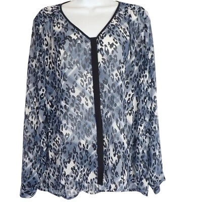 CABI Fatale blue and black leopard print plaid v-neck button down M sheer - Image 1 of 4
