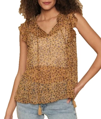 Top blusa Mystree taglia M stampa leopardata increspato senza maniche nappe oro glitter - Immagine 1 di 3