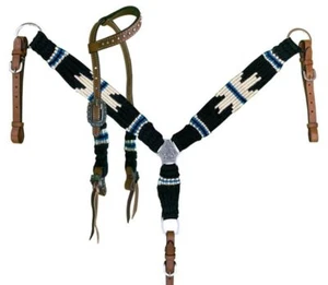 Showman Pony Size Corded One Ear Headstall & Breast collar set - Black, white, a - Picture 1 of 3