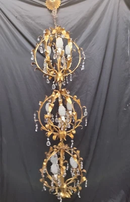 Lámpara de araña italiana grande de colección MCM Hollywood dorada Tole moderna esférica 66"x16 Foto 1 de 4