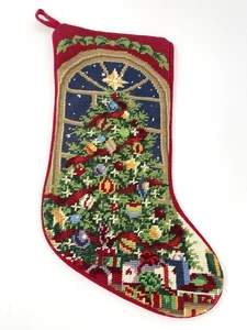 Vintage Needlepoint Wool Christmas Tree Stocking Red Velvet Back Handmade - Picture 1 of 6