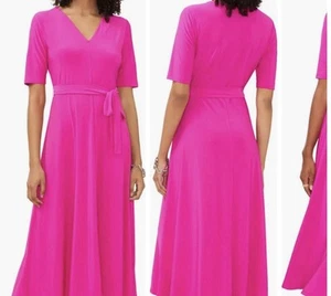 CHAUS V-Neck Belted Midi Dress Large Fuchsia Hot Pink casual work comfy colorful - Picture 1 of 10