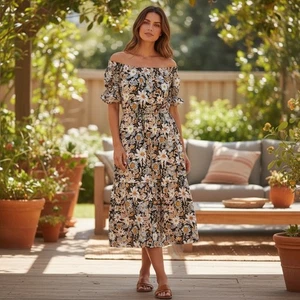 a.n.a. Smocked Floral Print Dress Size Large Cottagecore Pockets Puff Sleeves - Picture 1 of 9