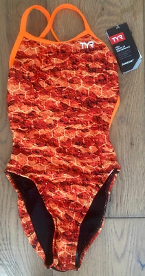 TYR Girls Youth 22 Orange Black One Piece Swim Suit Durafast Trinityfit AGON New - Image 1 of 4