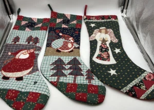 3 Vintage 21" Christmas Stockings Handmade Quilted Tree Santas Angel Patchwork - Picture 1 of 8