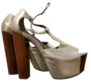 VTG Wooden Platform Shoes Jessica Simpson 7B 37 Leopard & Gold Materials Y2K - Picture 1 of 24