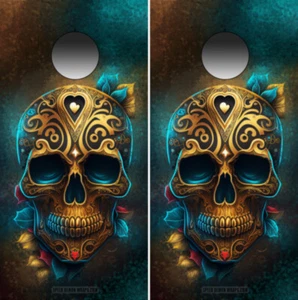 Gold Sugar Skull Day of the Dead Cornhole Tablero Envolturas SOLO Calcomanía de Vinilo Paquete de 2 - Imagen 1 de 4