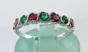 CLASS 9k 9CT WHITE GOLD EMERALD RUBY ART DECO INS ETERNITY S BAND RING FREE SIZE - Picture 1 of 5