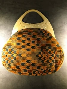 Vintage 1970s MCM Browns & Orange Velvet Fabric Bohemian Purse with Resin Handle - Picture 1 of 10