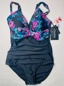 NWT Maxine of Hollywood Swimsuit black Tummy control pink teal rose 10 12 14 $58 - Picture 1 of 4