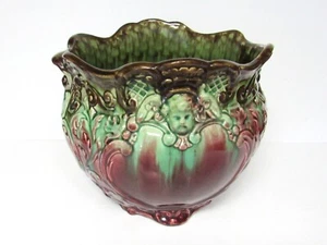 WELLER gemischte MAJOLICA geflügelte KIRSCHE Jardiniere antike Tropfglasur Pflanzgefäß 1900 - Bild 1 von 9