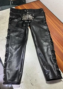 Men's Real Cow Leather Jeans Sexy Gay Pant With Stud Codepice Gay Bluff Jeans - Picture 1 of 6