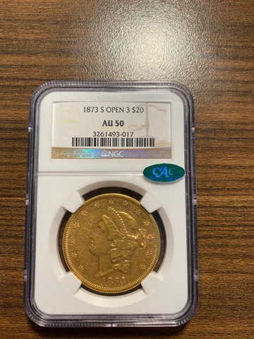 1873-S Open 3 $20 Liberty Head Gold Twenty Dollar Double Eagle NGC AU 50 CAC Cover