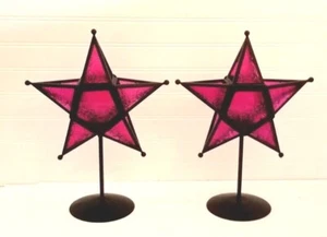Set of 2 Moravian Stamped Glass Star Shaped Candle Holder Purple Pink 14" - Picture 1 of 18