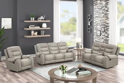 NEW Two-Tone 3PC Leather Gray Beige Sofa Loveseat Chair 5-Recliner Living Room - Image 1 of 4