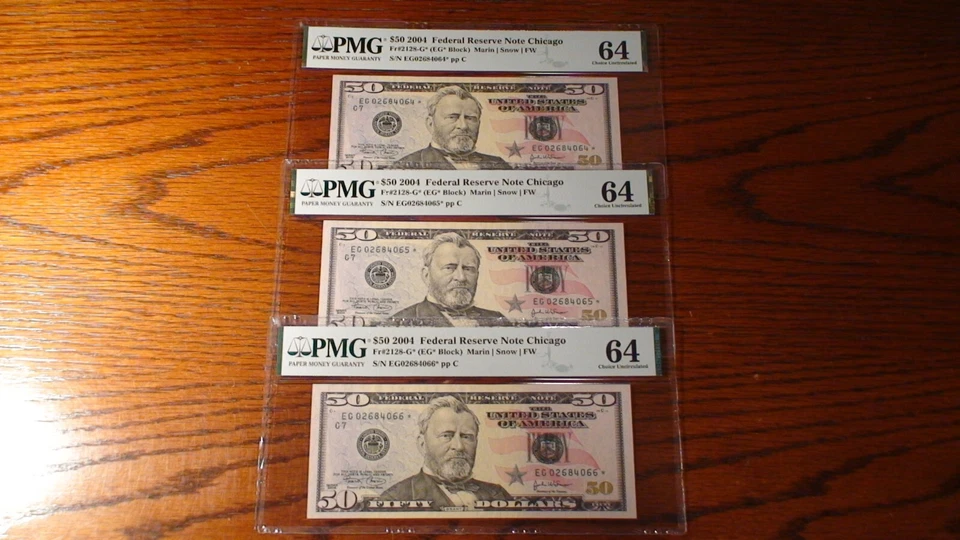 3 CONSECUTIVE PMG CH UNC 64 2004 CHICAGO FIFTY DOLLAR *STAR* NOTES $50.00 Bills - Image 1 of 4