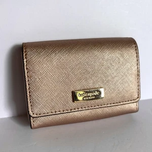 Kate Spade Coin Purse Card Holder Snap Rose Gold Saffiano Pink Leather Metallic - Picture 1 of 5