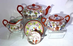Antique Japanese Kutani Geisha Ware Porcelain Tea Set 7 Piece Set 19th Century - Picture 1 of 23
