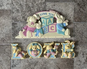 Vintage 80er Jahre Homco Hase Wanddeko Set - Pastell Kinderzimmer Hasen - "I Love You" - Bild 1 von 12
