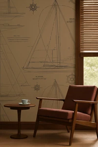 Ralph Lauren Wallpaper Nautical Chesapeake Novelty Navy Line Boat  Khaki / Blue - Picture 1 of 7