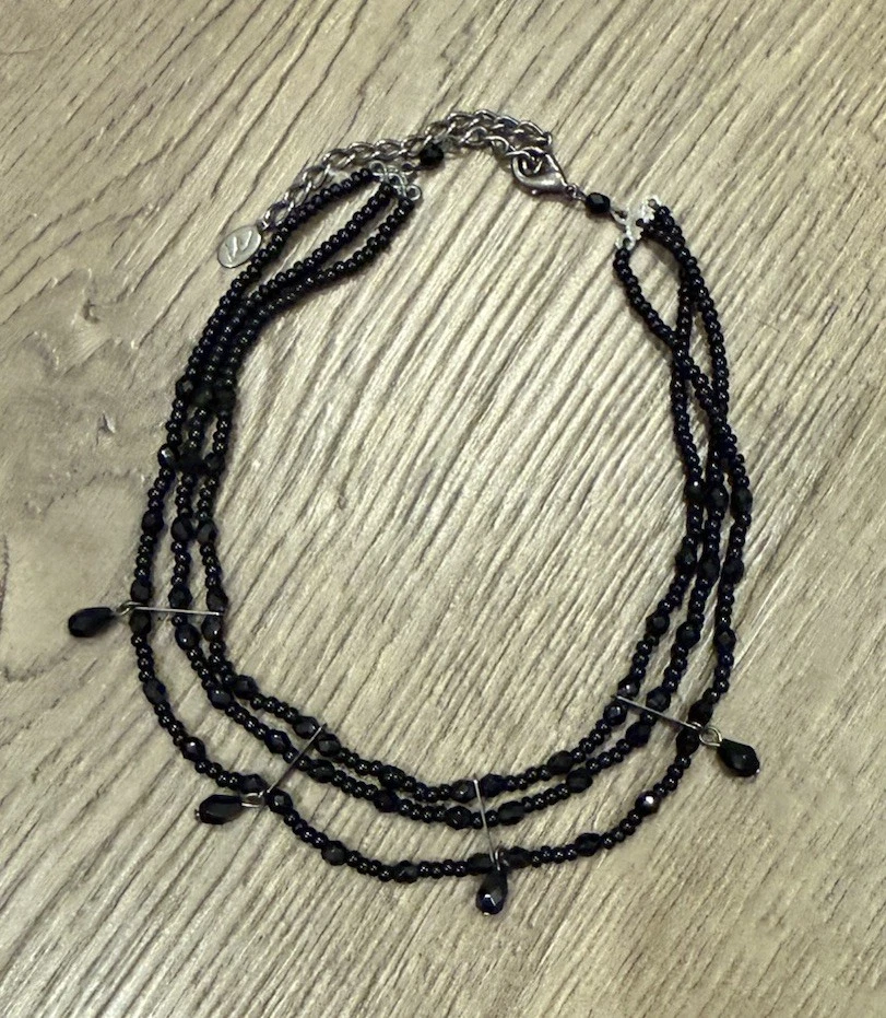 Napier Black Beaded Multi-Strand Choker Necklace Silver Tone Teardrop Dangles  - Image 1 of 4