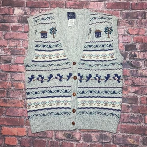 Woolrich Sweater Vest Womens Large Gray Birds Houses Vintage Cottage Granny - Picture 1 of 6