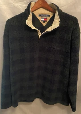 Suéter masculino xadrez de lã vintage Tommy Hilfiger verde azul tartan tamanho grande - Imagem 1 de 4