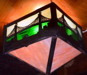 Brooklyn Bridge Stained Glass Hanging Lamp 1880s - Picture 1 of 6