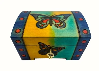 Butterfly Box Handmade Wood Keepsake Jewelry Chest w/ Lock and Key, Poland - Image 1 of 4