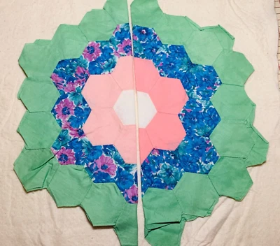 Antique Cotton Fabric 1930s Grandma's Garden 2 Quilt Blocks Hand Pc'd 16.5" - Image 1 of 4