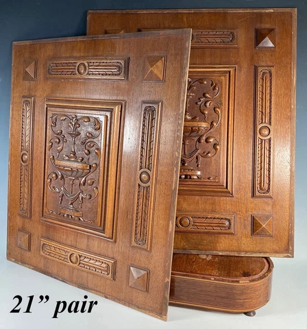 Gorgeous Pair 21x18" Hand Carved Antique French Cabinet or Paneling Door Panels Cover