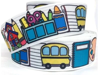 GROSGRAIN RIBBON 7/8" & 1.5" Back to School Bus Pencils Books Printed BULK - Image 1 of 3