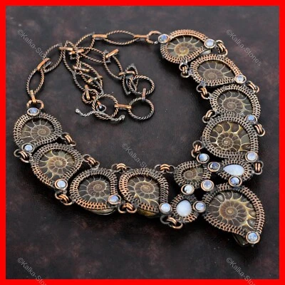 Nuevo collar envuelto en alambre cadena piedra lunar arco iris fósil de amonita natural de cobre Foto 1 de 4