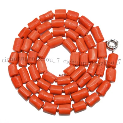 Natural Orange Red Coral Irregular Barrel Gemstone Beads Necklace 14-100 inches - Image 1 of 4