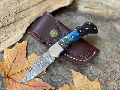 Cuchillo personalizado de bolsillo plegable de acero Damasco mango de madera + funda de cuero regalo Foto 1 de 4