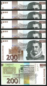 Slovenia 200 Tolarjev 2004, UNC, 5 Pcs LOT, Consecutive, P-15d, Pre-Euro, Prf-ZS - Picture 1 of 4