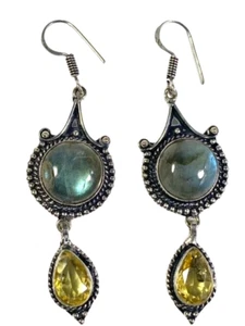 Labradorite & Citrine Gemstone Drop/Dangle Earrings 925 Silver 2.6 " Handmade - Picture 1 of 12