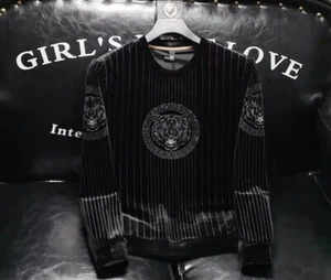 New Men Luxury Diamond Tiger Rhinestones Fashion Black Sweatshirt High Quality - Picture 1 of 10