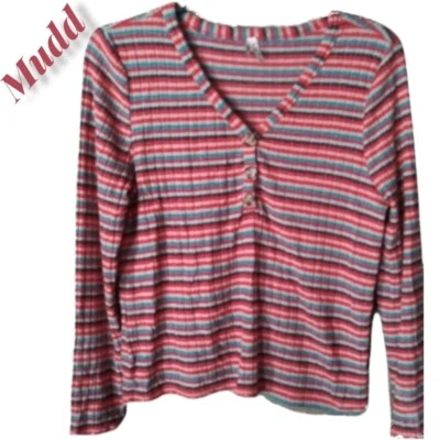 Mudd Colorful Striped 3 Button V-neck Long Sleeve Shirt Soft Knit Top - Image 1 of 4