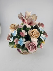 Capodimonte Porcelain Roses & Small Flowers Center Piece 9" Basket Crown Over N - Picture 1 of 14