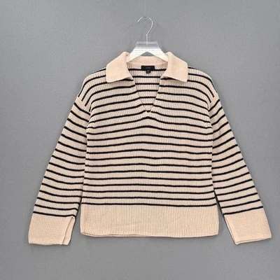 J CREW Relaxed Collared Sweater in Stripe Womens XS Cream Black Polo Preppy - Image 1 of 4