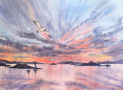 Obra de Arte Original Pintura Moderna Paisaje LAGUNA PLAYA OCÉANO PÁJARO Paisaje Marino A4 Foto 1 de 4