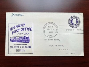 1950 US Cover Scott U436 H.P.O. First Trip Between San Jacinto & Los Angeles, CA - Picture 1 of 2