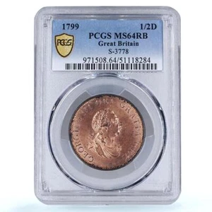 Great Britain 1/2 penny George III Coinage KM-647 MS64 PCGS copper coin 1799 - Picture 1 of 4