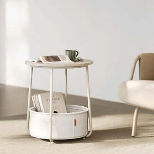 Small Round Side End Table, Modern Nightstand with Fabric Basket, Cream White - Picture 1 of 7