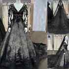 Gothic Black Wedding Dresses V Neck Long Sleeves Lace Appliques Bridal Gowns