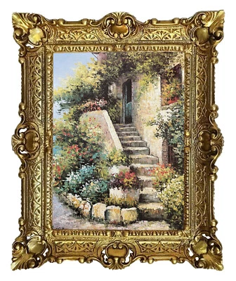 Beautiful Painting 56x46cm - By. C. Flink - Stairs with Flowers Antique Look Rep - Image 1 of 3